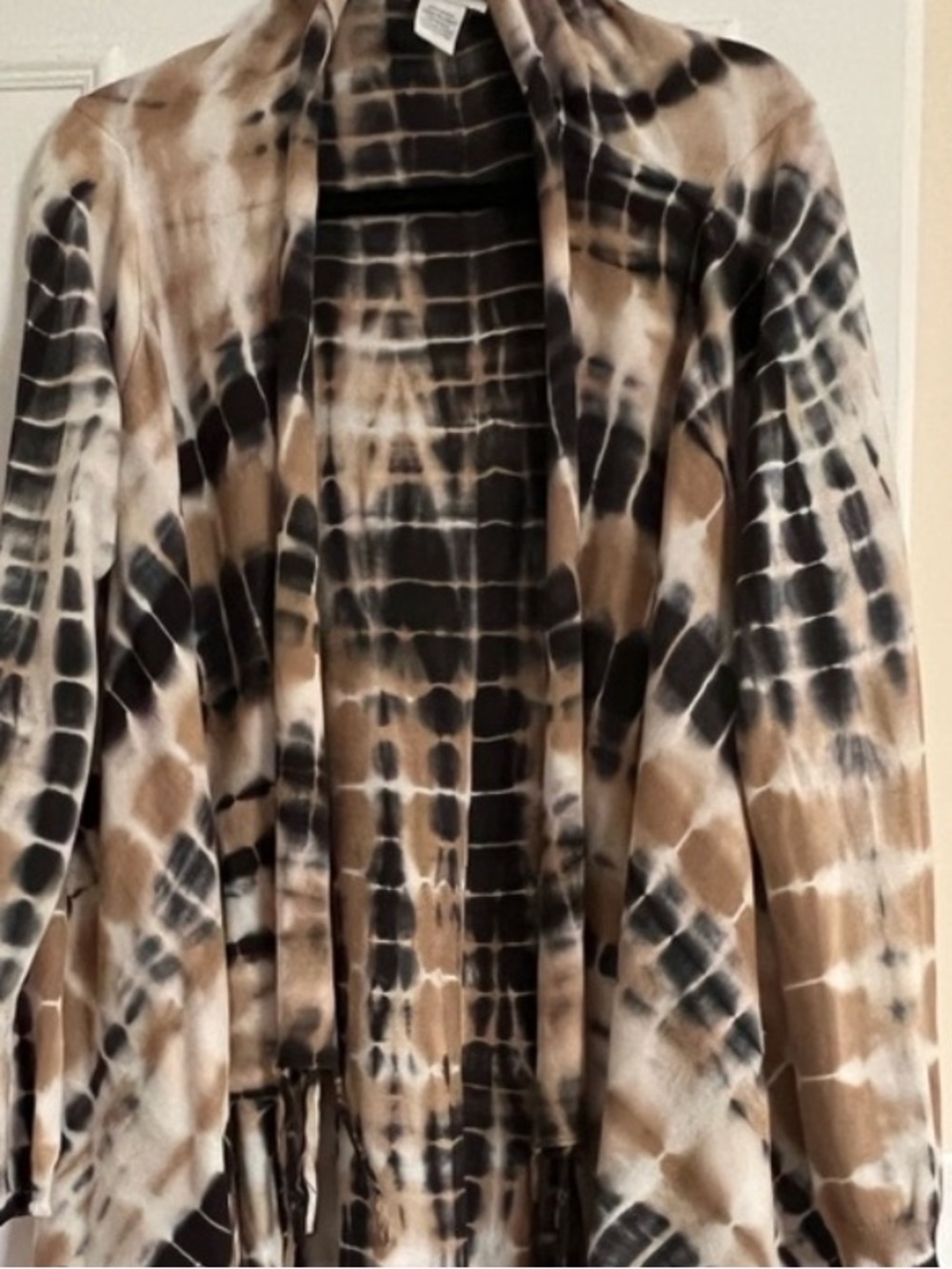 Soft Surroundings Tan, Black & Cream Tie-Dye Fringe Cardigan